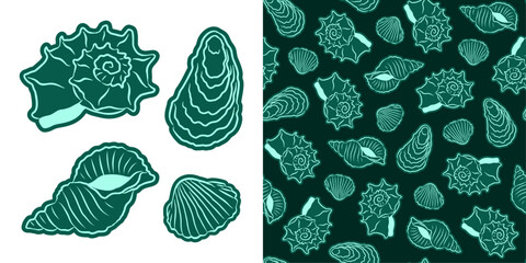 Trendy seamless pattern and icon set with neon mint seashells on dark emerald background. Deep Jungle Neon. Modern cyberpunk and tropical resort style, perfect for bold fashion prints and apparel. © Aikaterini