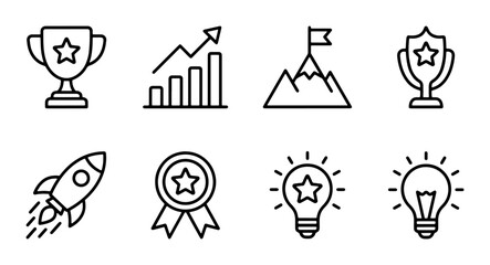 Success Icons Set: Achievement, Growth, Goals, Awards, Rocket, Idea, Business Vector Graphics © Samia