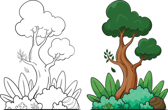 Twisted Trunk Tree Vector Asset with Outline Coloring Sheet Set