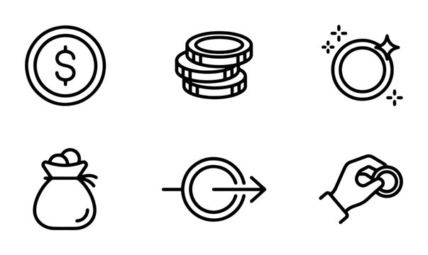 Money Icons Set: Dollar Coin, Stacked Coins, Ring, Money Bag, Exit Arrow, Hand Holding Coin, Financial Symbols
