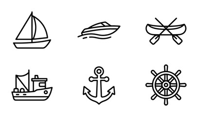 Nautical Icons Set: Sailboat, Speedboat, Canoe, Fishing Boat, Anchor, Ship Wheel Vector Graphics for Marine Themes © Tanvir