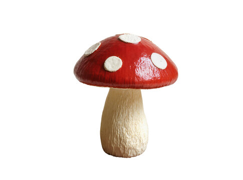 Isolated vibrant red mushroom with white spots and a light stem, resembling a fairytale object