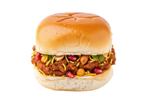 Indian street food dabeli burger with pomegranate seeds, peanuts, and sev, isolated on transparent background