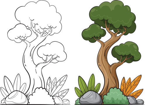 Stylized Woodland Tree Illustration with Line Art Coloring Book Page
