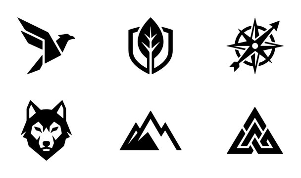 Geometric Logo Icons: Bird, Shield Leaf, Compass, Wolf, Mountains, Norse Symbol, Black Vector Graphics