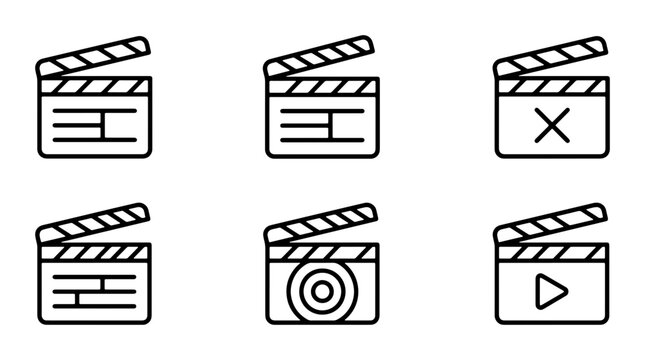 Film Clapperboard Icons Set, Movie Production Symbols, Cinema Industry Graphics, Video Making Tools, Entertainment Icons