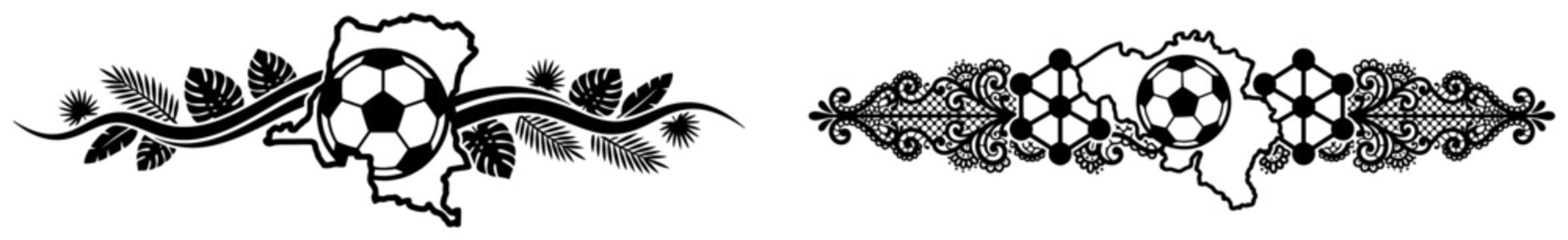 Soccer ball decorative border with floral ornaments in vintage engraving style