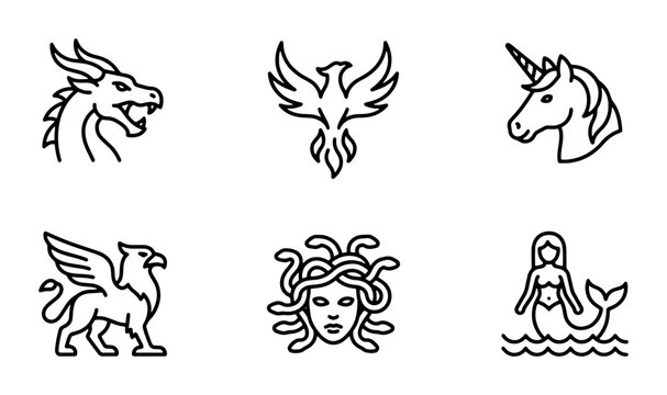 Mythical Creatures Icons Set: Dragon, Phoenix, Unicorn, Griffin, Medusa, Mermaid Vector Graphics