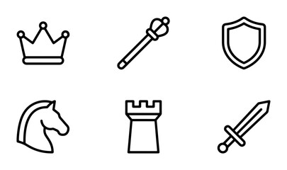 Royal Chess Icons Set, Medieval Strategy Symbols, King, Knight, Rook, Sword, Shield, Crown, Vector Graphics for Game Design © Samia