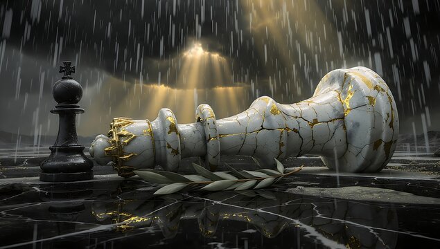 Fallen white chess king with gold kintsugi cracks and a black pawn standing in heavy rain. Olive branch, dramatic golden god rays and mirror reflection on black marble &ndash; powerful war and peace concept