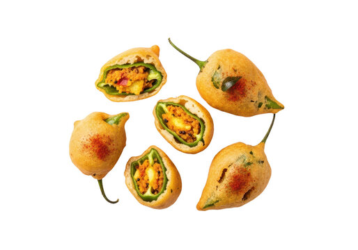 Stuffed chili fritters or mirchi bajji, a popular indian street food snack isolated on transparent background