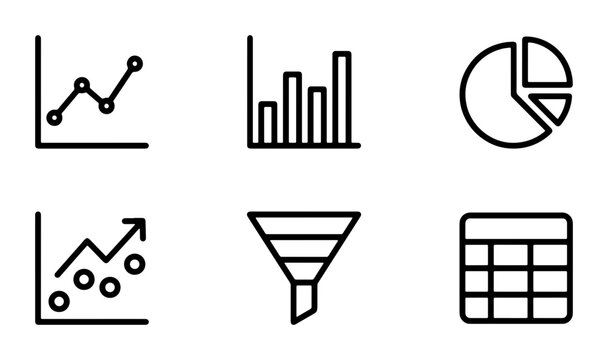 Data Analysis Icons: Line Graph, Bar Chart, Pie Chart, Scatter Plot, Funnel, Calculator Vector Set