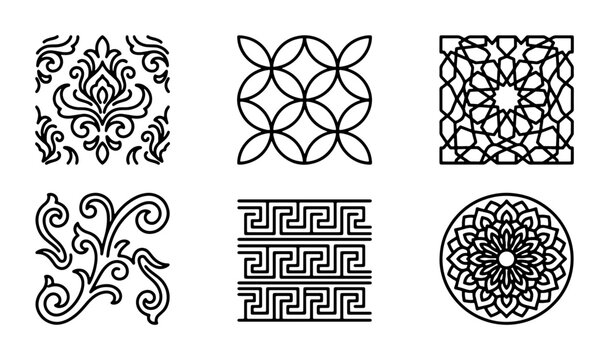 Elegant Damask, Geometric, and Mandala Vector Ornaments. Decorative Islamic, Greek Key, and Floral Swirl Patterns. Classic Design Elements for Branding and Crafts.