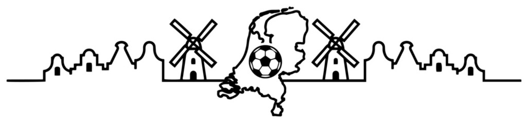Soccer ball inside Netherlands map with windmills and traditional house silhouettes © AnimalZOO