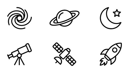 Space Icons Set: Galaxy, Saturn, Moon, Telescope, Satellite, Rocket, Vector Graphics for Astronomy and Science © Tanvir