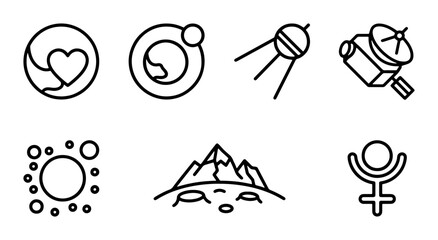 Space Icons Set: Celestial Bodies, Satellites, Planets, and Cosmic Symbols for Science and Technology © Tanvir