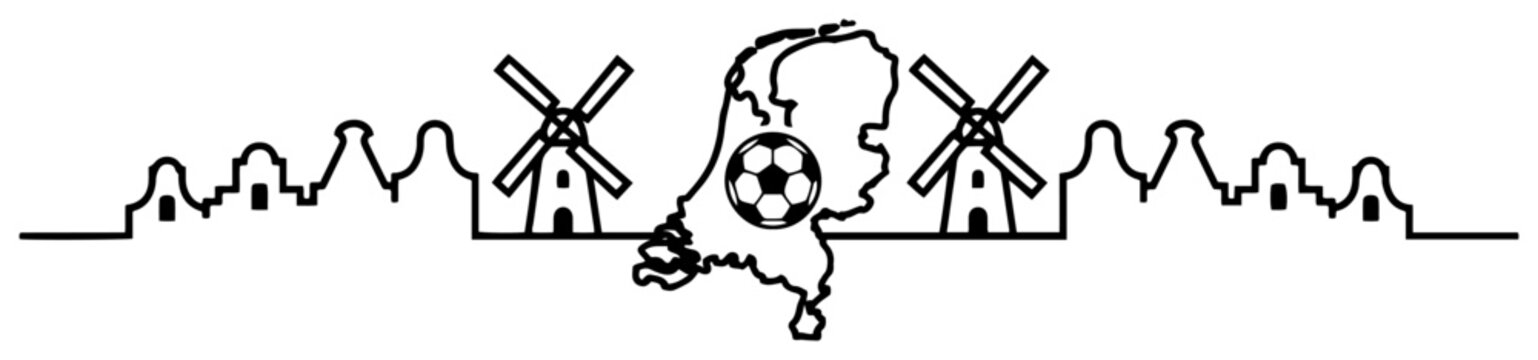 Soccer ball inside Netherlands map with windmills and traditional house silhouettes