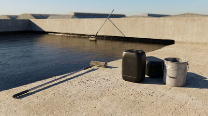 Naklejka premium Liquid bitumen waterproofing membrane application on a concrete flat roof with paint rollers, jerrycans, and bucket.