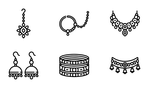 Indian Bridal Jewelry Icons Set, Traditional Ornaments Vector Graphics, Ethnic Accessories Collection