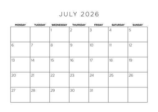 July 2026 Professional Monthly Calendar Template A4 Minimalist Planner Grid for Corporate Scheduling and Project Management