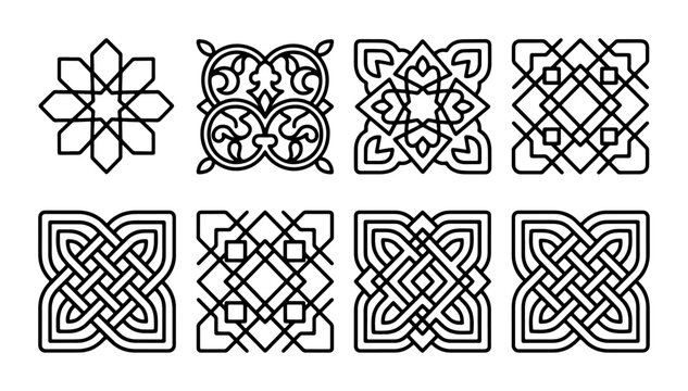 Islamic geometric patterns set, 8 black line art arabesque ornaments, traditional oriental mandala vector elements