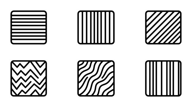 Minimalist geometric pattern set, 6 black and white line art icons, abstract striped and wavy texture vector swatches
