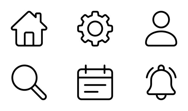 Minimalist line icon set, 6 black outline web symbols, modern interface navigation elements for mobile app and website