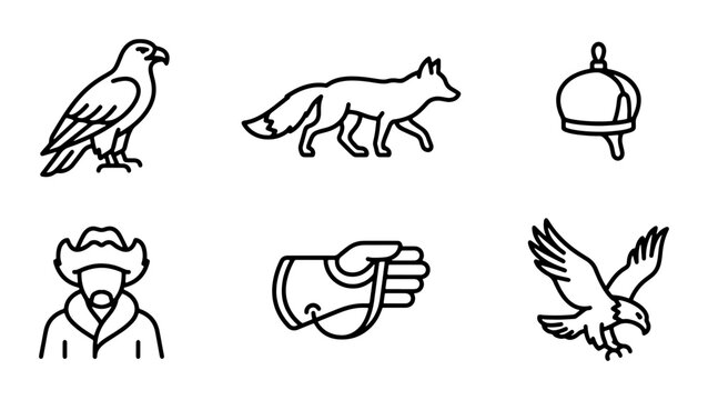 Falconry and hunting line icon set, 6 vector elements featuring eagle, fox, hunter, and falconry glove, black outline