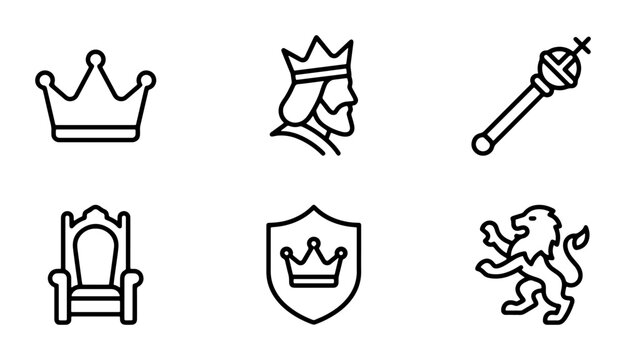 Royal medieval line icons set, king and crown symbols, heraldic lion and throne vector elements for luxury branding