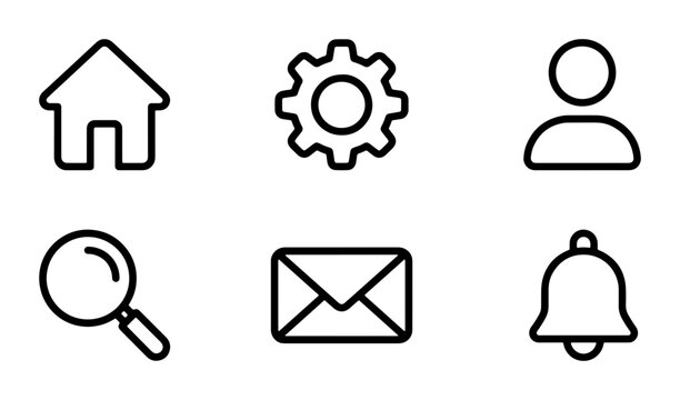 Minimalist line icon set, 6 essential web interface symbols, black outline navigation graphics for mobile app design