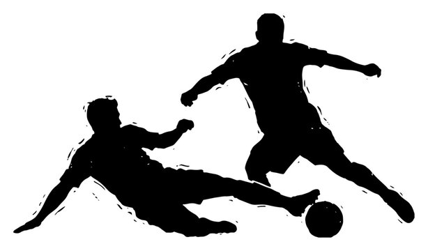 Soccer players action silhouettes with tackling and dribbling in high contrast style