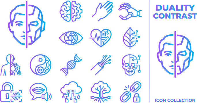 Duality contrast icons, merging human and robotic features with technology and nature elements, gradient color design.