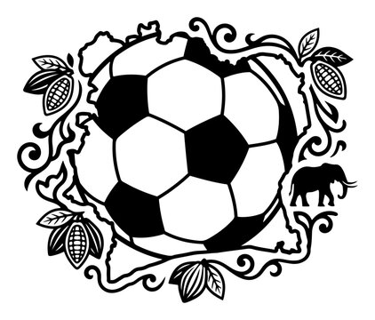 Soccer ball with map of Ivory Coast featuring elephant and cocoa beans in decorative style