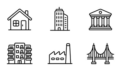 Fototapeta premium Modern Building Icons Set: Residential, Office, Bank, Factory, Bridge, House. Vector Graphics for Architecture and City Planning.