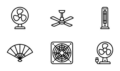 Set of 6 Fan Icons: Portable, Ceiling, Tower, Handheld, Computer Cooling, Desk Fans. Vector Graphics for Airflow and Ventilation Concepts. © Rubina