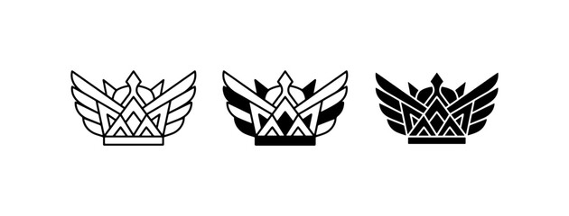 Geometric winged crown logo set, black and white heraldic royal icons, 3 luxury emblem vectors for branding and esports © Nusrat