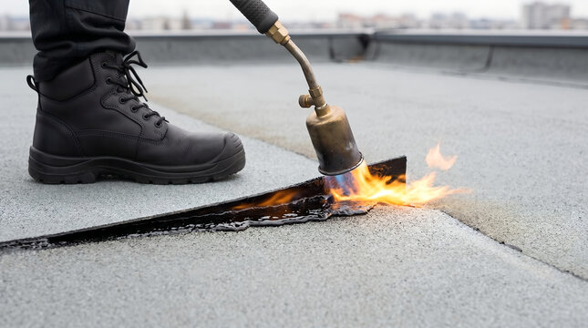 Close up of a worker melting asphalt sheet joint during bitumen membrane waterproofing installation on a flat rooftop.