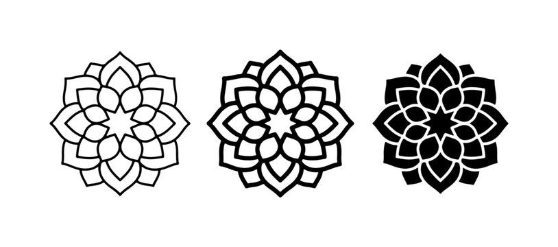 Mandala flower icons set, geometric lotus blossom vector illustrations, black floral silhouette and outline symbols