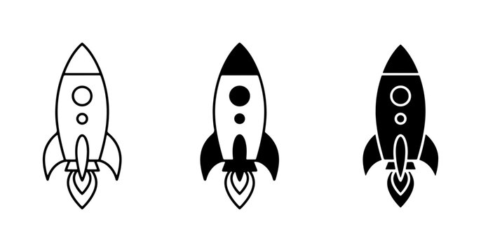 Minimalist rocket ship icon set, black and white space shuttle vector graphics, startup launch symbol collection
