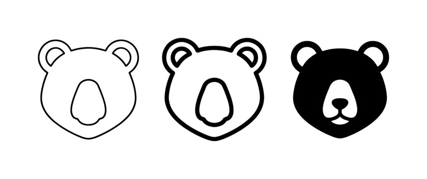 Bear Face Icons: Outline, Filled Outline, Solid Black Vector Graphics for Wildlife and Children's Themes