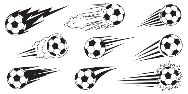 Set of dynamic soccer balls with speed lines trails smoke and bursts representing fast movement and action in football vector graphics.