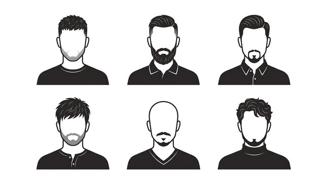 Diverse Male Head Profile Silhouette Vector Icons with Varied Facial Hair and Hairstyles Grid