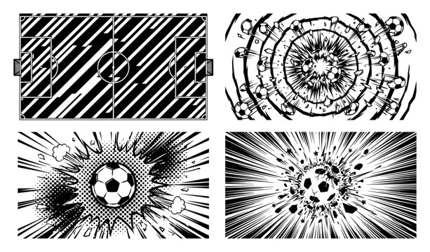 Soccer field and exploding ball comic backgrounds set in graphic style