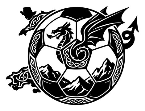 Soccer ball emblem featuring Welsh dragon mountains and map silhouette in graphic style