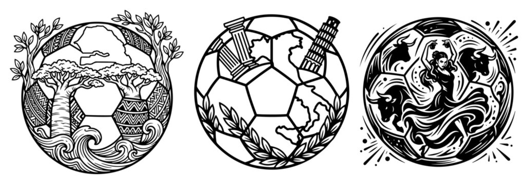 Soccer ball cultural emblems featuring African baobab Italian colosseum and Spanish flamenco dancer in decorative style