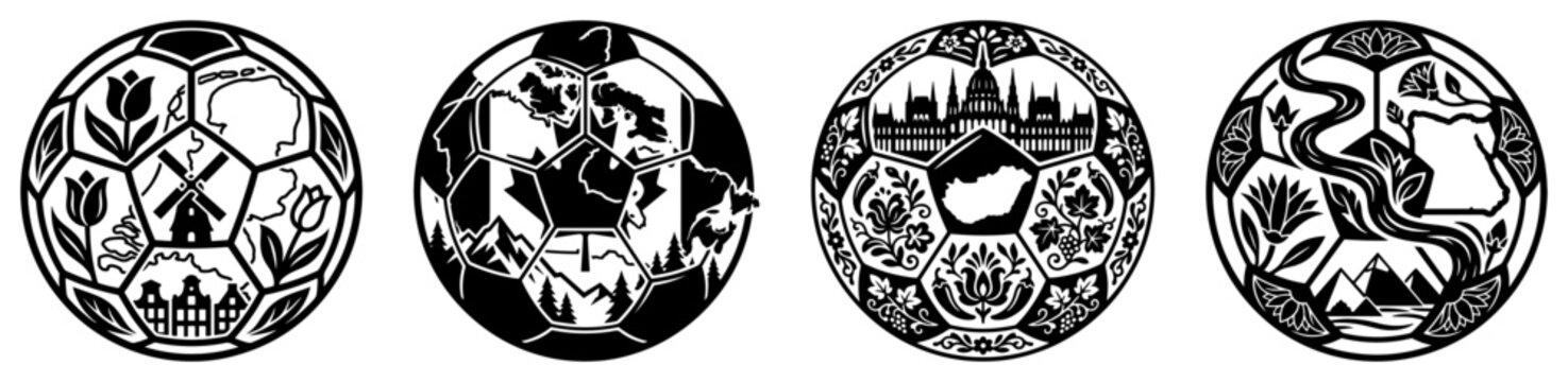 Soccer ball country emblems featuring windmills mountains and parliament buildings in intricate decorative style