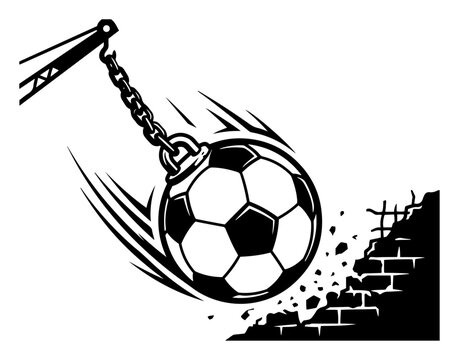 Soccer ball wrecking ball smashing through brick wall in bold graphic style