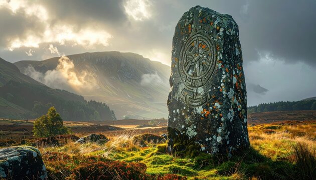 Ancient Pictish carved standing stone monolith in rugged Scottish landscape at dawn