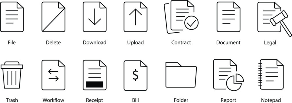 A clean set of 14 editable line icons representing file, delete, download, upload, contract, document, legal, trash, workflow, receipt, bill, folder, report and notepad.