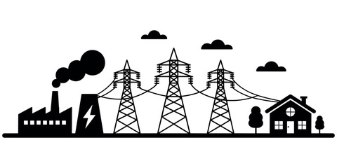 Fototapeta na wymiar Black and white of power plant with transmission towers and house electricity industrial in white background